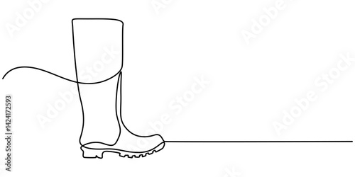 Continuous one line drawing of Farmer rubber boots. Rubber boots single line draw illustration. Editable stroke, Rubber Boots Single Line Drawing with Editable Stroke, Rubber Boots, One line drawing.