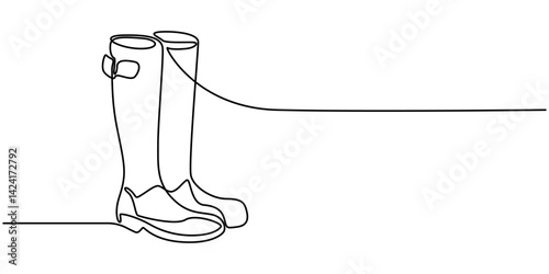 Continuous one line drawing of Farmer rubber boots. Rubber boots single line draw illustration. Editable stroke, Rubber Boots Single Line Drawing with Editable Stroke, Rubber Boots, One line drawing.