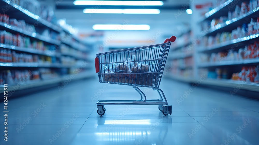Grocery cart filled with groceries is parked in the aisle of a supermarket Grocery cart filled with groceries is parked in the aisle of a supermarket