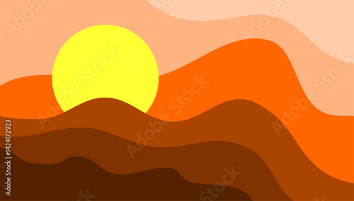 Sunset over the mountains with wavy orange gradient background. Elegant fluid or liquid design for wallpaper.