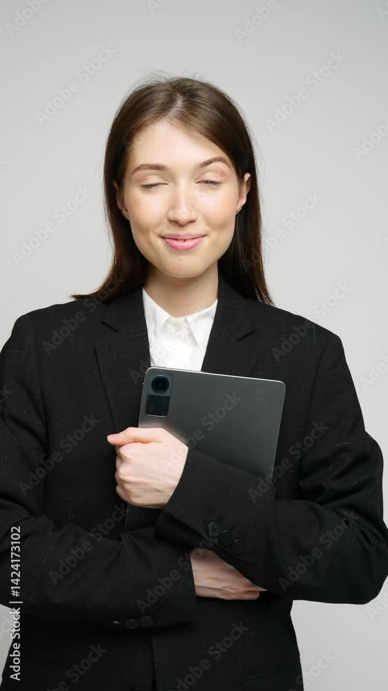 Professional Woman Confidently Presenting a Tablet in a Modern Office Setting During Daylight Hours Professional Woman Confidently Presenting a Tablet in a Modern Office Setting During Daylight Hours