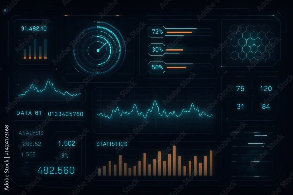A modern digital dashboard displaying various data metrics, including graphs and statistics. Ideal for showcasing data analysis, analytics, and technology themes in presentations. A modern digital dashboard displaying various data metrics, including graphs and statistics. Ideal for showcasing data analysis, analytics, and technology themes in presentations.