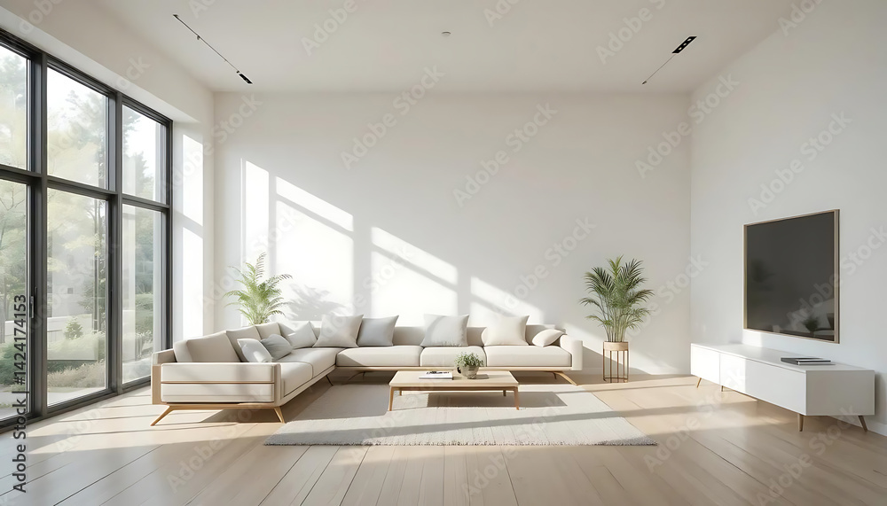 Fototapeta premium Bright Living Room with Large Windows and Minimalist Decor