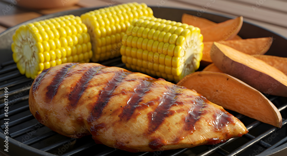 Delicious Summer Barbecue With Grilled Chicken Corn And Sweet Potatoes Delicious Summer Barbecue With Grilled Chicken Corn And Sweet Potatoes
