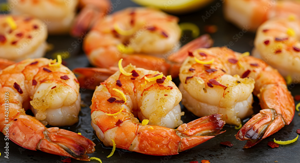 Delicious Grilled Shrimps With Lemon Zest And Red Pepper Flakes Close Up