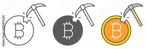 Bitcoin mining icon collection, cryptocurrency and bitcoin, coin with pickaxe vector icon set, vector graphics, editable stroke outline sign, eps 10