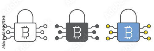 Bitcoin encryption icon collection, cryptocurrency and protection, bitcoin padlock vector icon set, vector graphics, editable stroke outline sign, eps 10