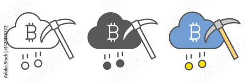 Cloud mining icon collection, cryptocurrency and bitcoin, cloud with pickaxe vector icon set, vector graphics, editable stroke outline sign, eps 10