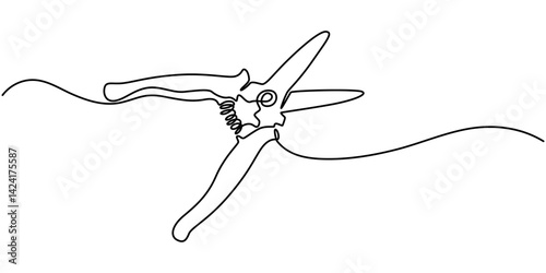 Continuous one line drawing secateurs. Gardening scissors vector hand drawn silhouette clipart. Sketch isolated on white background, Gardening Pruning Shears or Cutters Single Line Drawing.