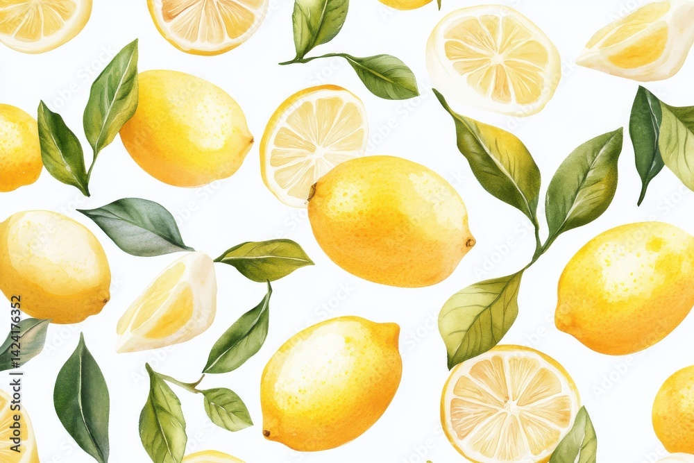 A seamless pattern of lemons and green leaves on a white background creating a fresh and vibrant design A seamless pattern of lemons and green leaves on a white background creating a fresh and vibrant design
