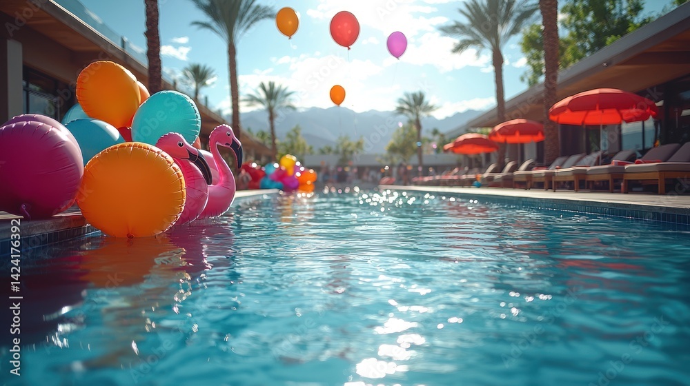 Festive poolside summer celebration scene with vibrant inflatables and balloons