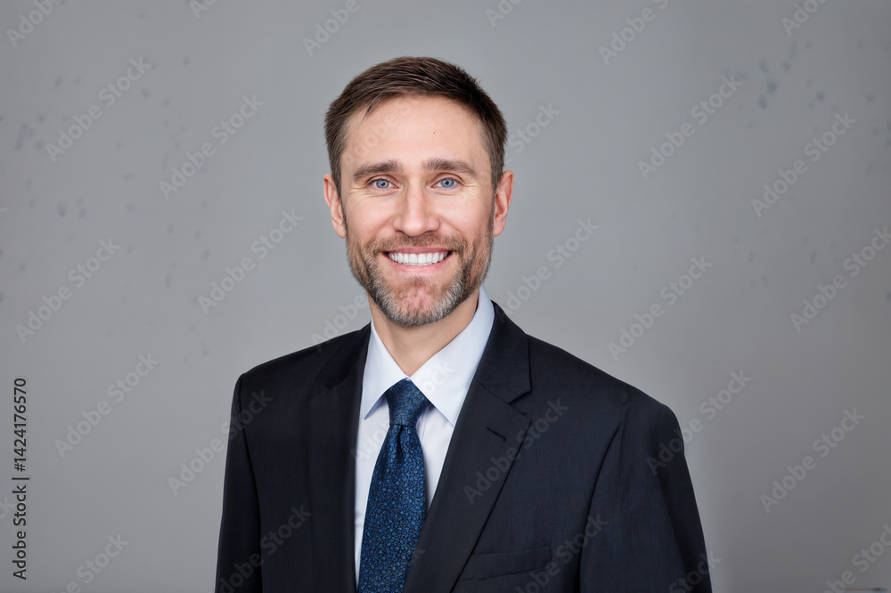 The image shows a person dressed in a dark suit, white shirt, and a blue tie, standing against a plain gray background The image shows a person dressed in a dark suit, white shirt, and a blue tie, standing against a plain gray background