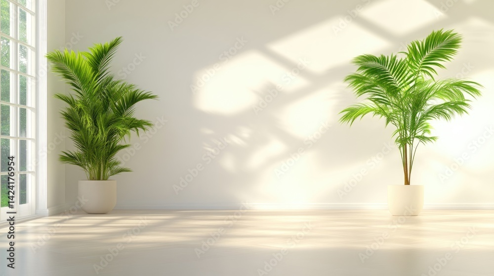 Obraz premium Sunlit minimalist room interior with two potted palm plants.