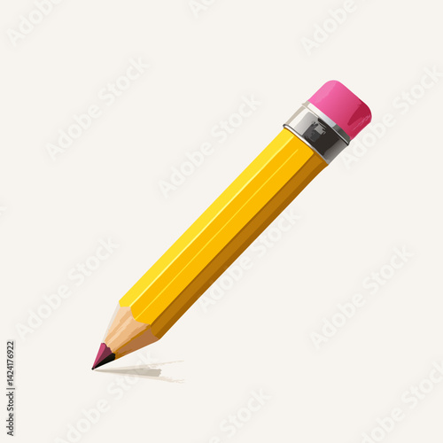 Realistic Yellow Pencil With Pink Eraser And Shadow On A White Background
