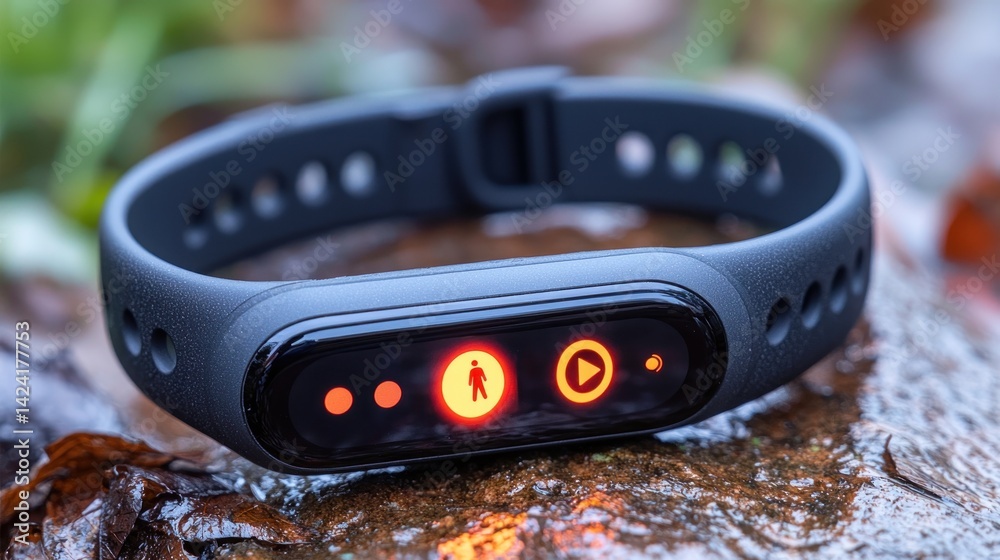 Modern fitness tracker on natural surface showcasing health and wellness features