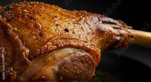Fototapeta Naklejka Na Ścianę i Meble -  Succulent Roasted Lamb Leg On Dark Backdrop In High Resolution