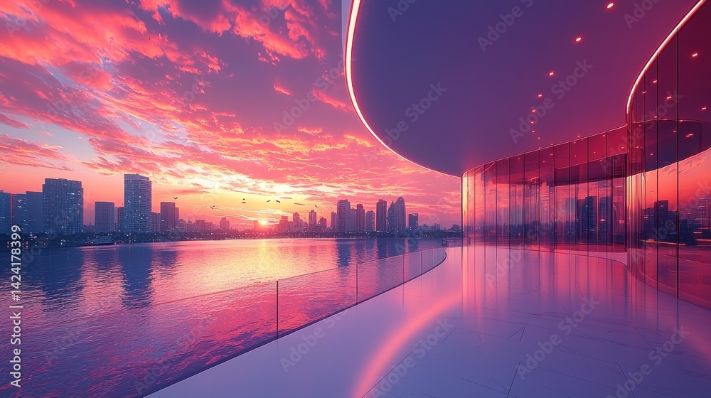 Architectural marvel meets vibrant sunset over cityscape reflecting on water