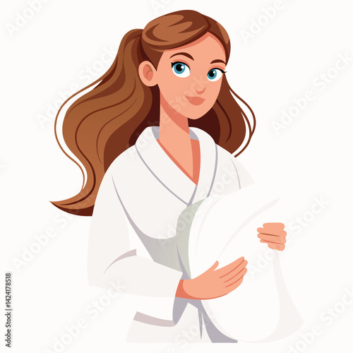 Young woman in white bathrobe holding towel clipart isolated on white background