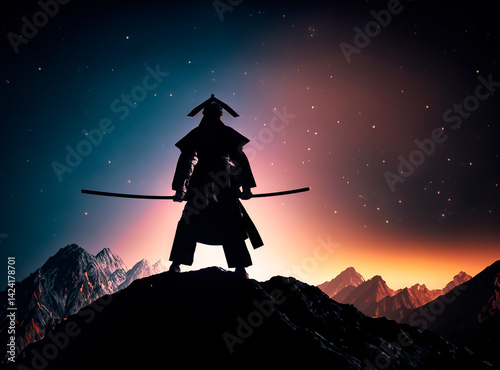 Silhouette of  a Samuri standing  looking into the sunset Generated image