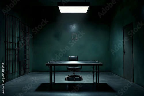 Empty interrogation room bathed in stark, artificial light.
