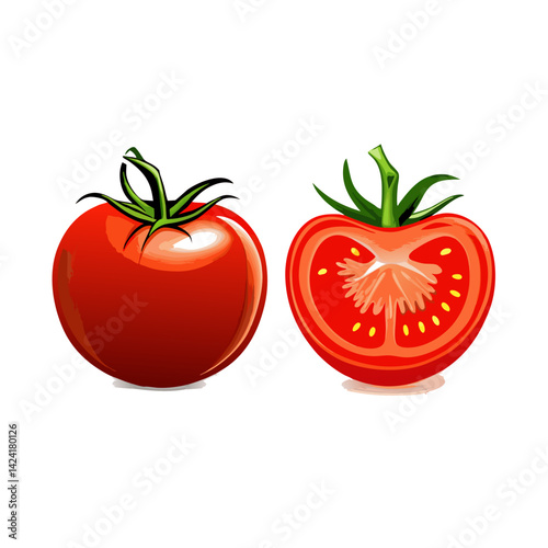 Isolated Tomato Vegetable Whole And Half Vector Illustration On A White Background