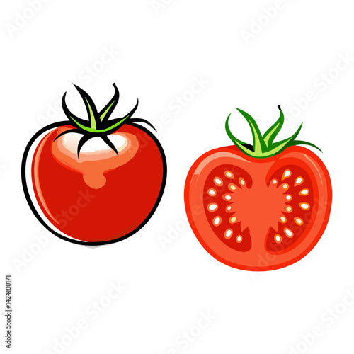 Stylized Tomatoes Whole And Sliced Detailed Vector Illustration Food Ingredient