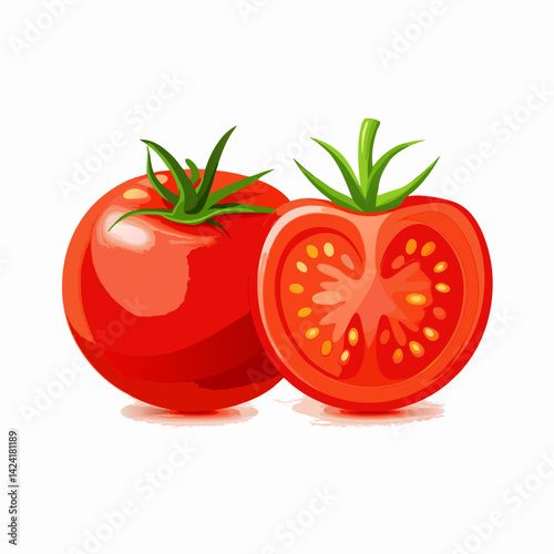Fresh Tomato Illustration Whole And Half Isolated On White Background Vector Image