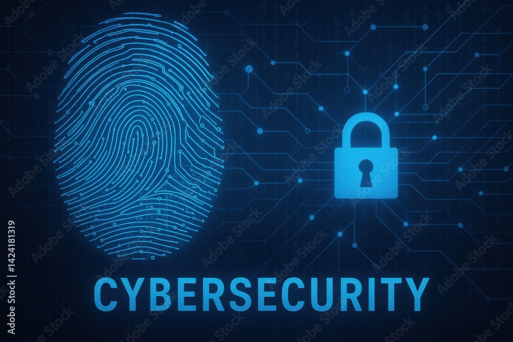 A digital illustration showcasing cybersecurity concepts, featuring a fingerprint and a padlock symbol surrounded by circuit patterns, emphasizing the importance of digital securit