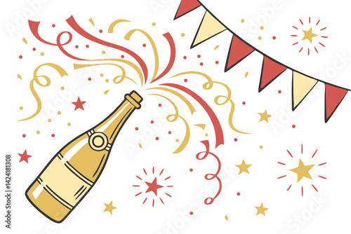 Celebration background with golden champagne bottle, confetti stars and party streamers. Christmas, birthday or wedding concept. Flat lay. vector illustration