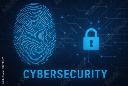Obraz na płótnie A digital illustration showcasing cybersecurity concepts, featuring a fingerprint and a padlock symbol surrounded by circuit patterns, emphasizing the importance of digital securit w salonie