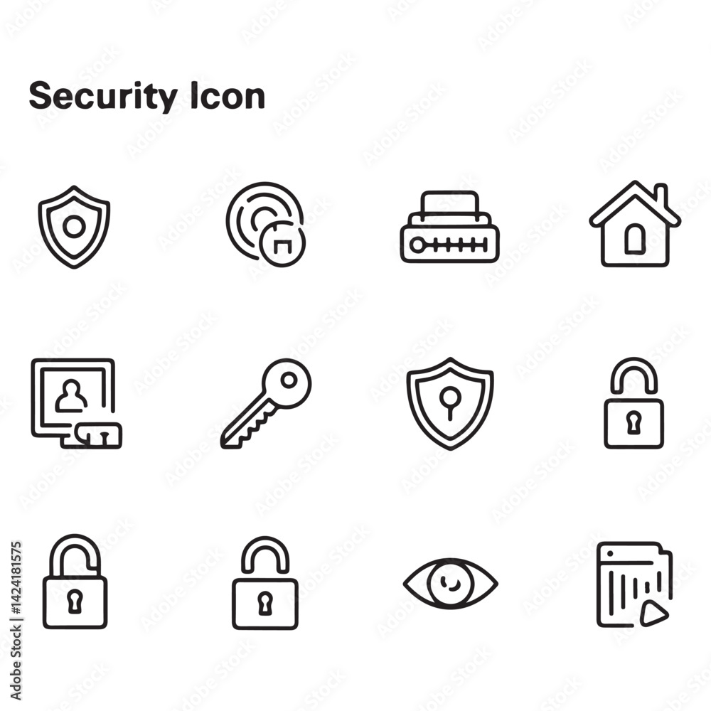 Fototapeta premium Set of Security web icons in line black style. Guard, cyber security, password, smart home, safety, data protection, key, shield, lock, unlock, eye access. Security outline icon set.