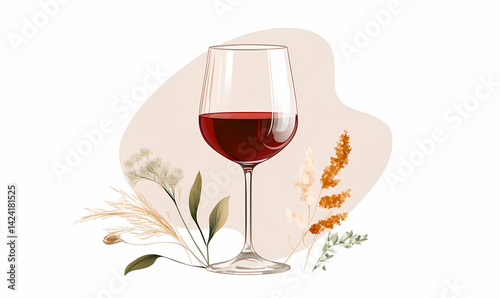 Red wine glass, autumn floral background, menu design