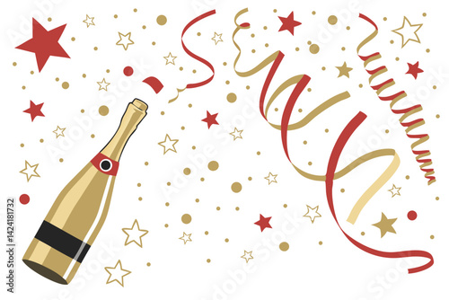 Celebration background with golden champagne bottle, confetti stars and party streamers. Christmas, birthday or wedding concept. Flat lay. vector illustration