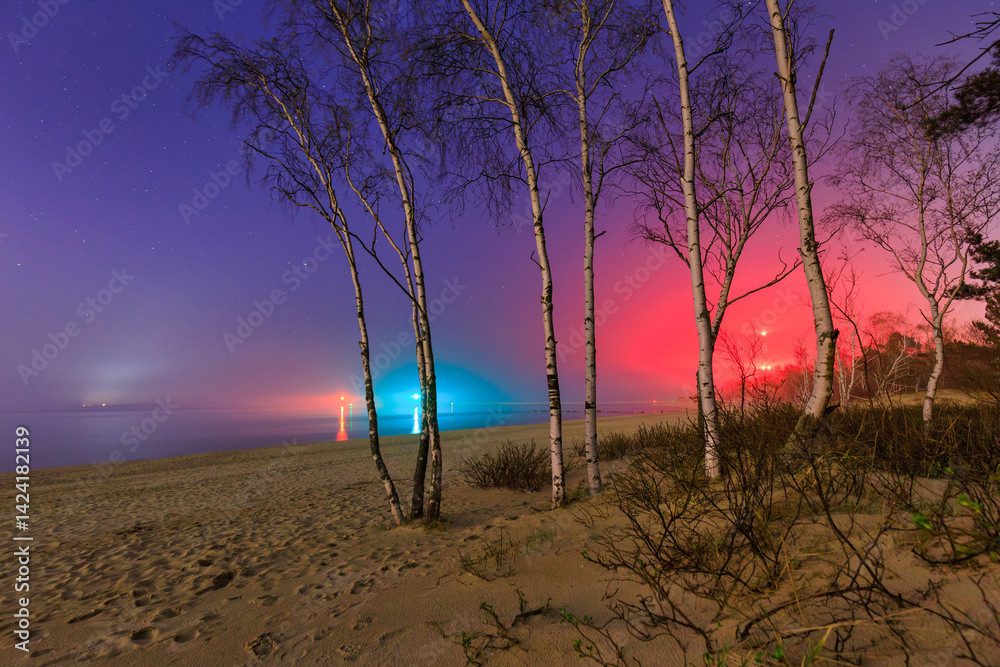 Baltic Sea Beach on a Foggy Night. Gdansk, Poland