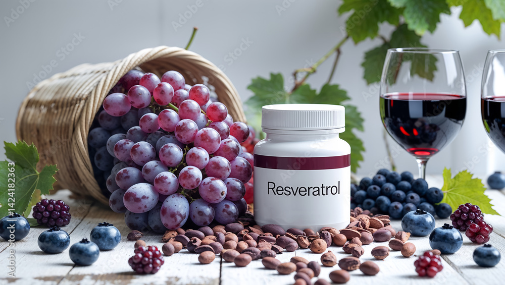 container with inscription Resveratrol, grapes, red wine, cocoa beans, blueberries