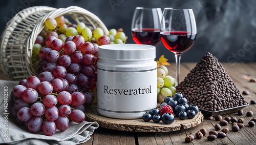 Obraz na płótnie container with inscription Resveratrol, grapes, red wine, cocoa beans, blueberries w salonie