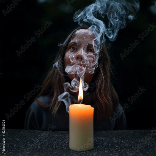 Candle burning in reverse, smoke shaping into floating memory faces. A symbolic and artistic image of time reversal and emotional recollection