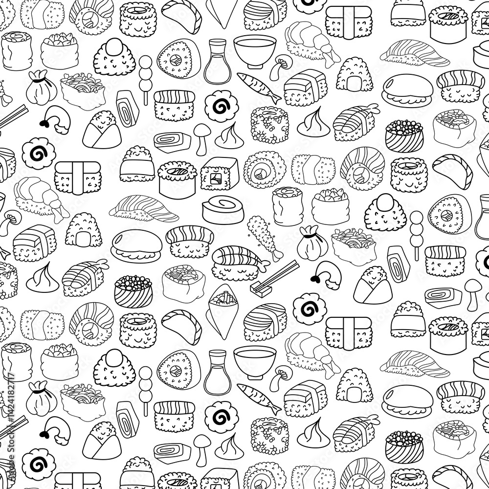 Sushi hand drawn icon seamless pattern Sushi hand drawn icon seamless pattern