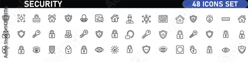 Set of Security web icons in line black style. Guard, cyber security, password, smart home, safety, data protection, key, shield, lock, unlock, eye access. Security outline icon set.