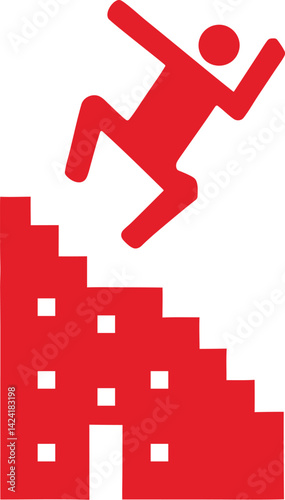 Falling from Height Warning Icon, Red Figure Tumbling from Building or Stairs