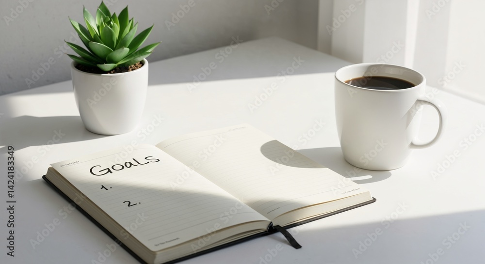 Minimalistic workspace with goals notebook and coffee cup Minimalistic workspace with goals notebook and coffee cup