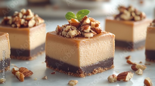 Creamy, layered cheesecake squares topped with nuts. photo