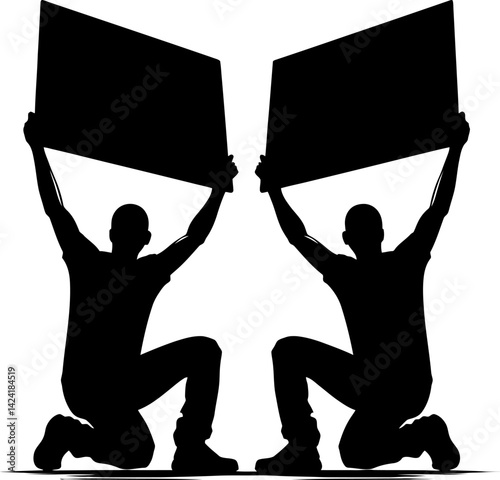 Powerful Silhouette Black Figures Kneeling Men Holding Signs, Protest Concept