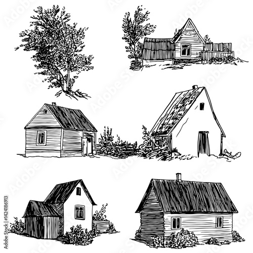 Charming hand-drawn vector illustrations of rustic houses and trees. Perfect for projects about country life, home design, or nature themes. Ideal for print or digital use.