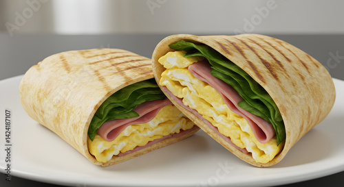 Scrumptious Egg And Ham Wraps On A White Plate In Daylight