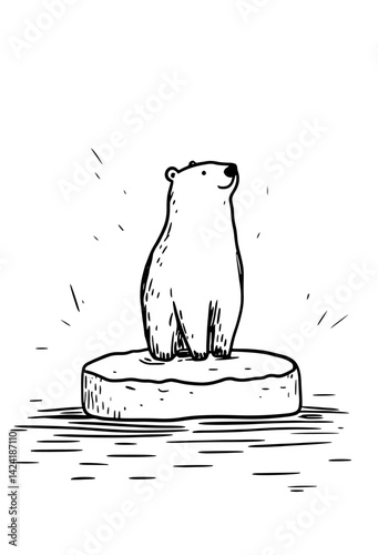 Delightful hand-drawn vector illustration of polar bear perched on ice floe, symbolizing nature's beauty and struggle against climate change. Perfect for eco-friendly projects.