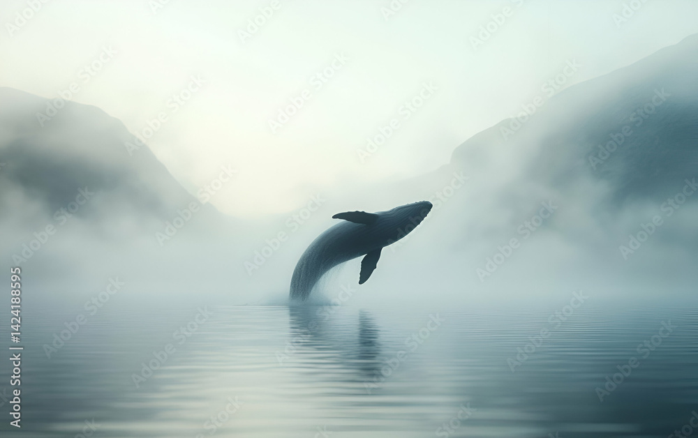 Fototapeta premium A majestic whale breaches the calm waters in a misty landscape, showcasing nature's beauty and serenity.
