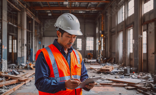 Man in a safety vest is looking at a tablet while standing in a large, empty building