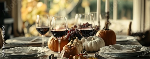 Three glasses of red wine stand on a table with autumnal decorations for a festive thanksgiving meal