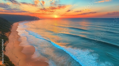 Coastal sunset aerial view, waves rolling onto sandy beach, scenic background, travel poster